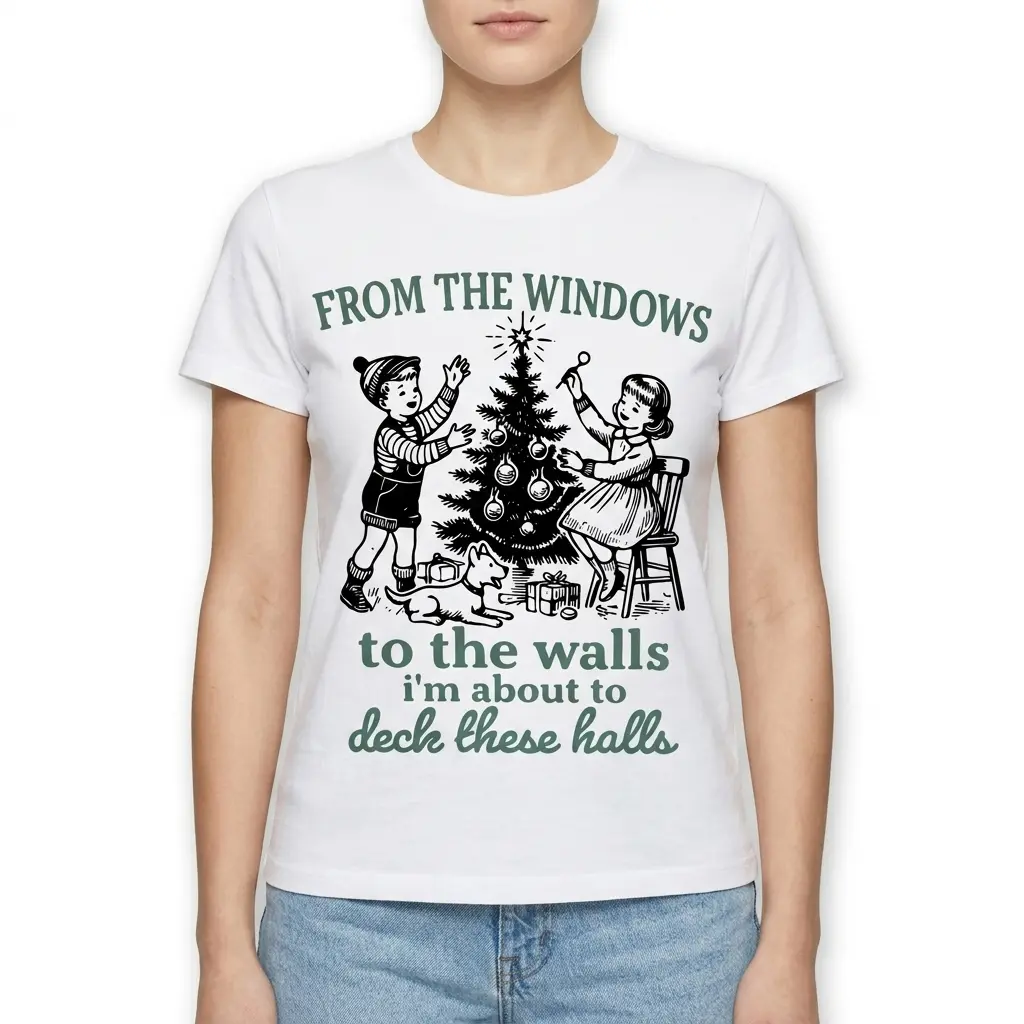 Funny Deck The Halls Retro Christmas T-Shirt 4 Detailed view of retro-themed Christmas shirt design.