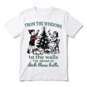 Retro Christmas T-shirt with kids decorating a tree and humorous text.