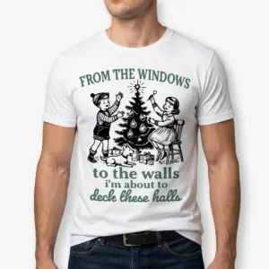 Funny Deck The Halls Retro Christmas T-Shirt 10 Funny Deck The Halls T-shirt featuring kids decorating a Christmas tree.