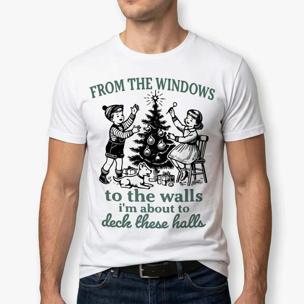Funny Deck The Halls Retro Christmas T-Shirt 5 Funny Deck The Halls T-shirt featuring kids decorating a Christmas tree.