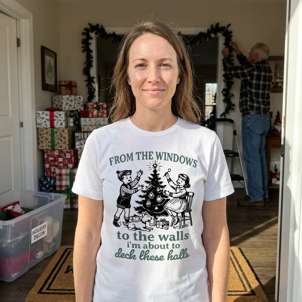 Funny Deck The Halls Retro Christmas T-Shirt 6 Person wearing a retro Christmas T-shirt with a humorous design.