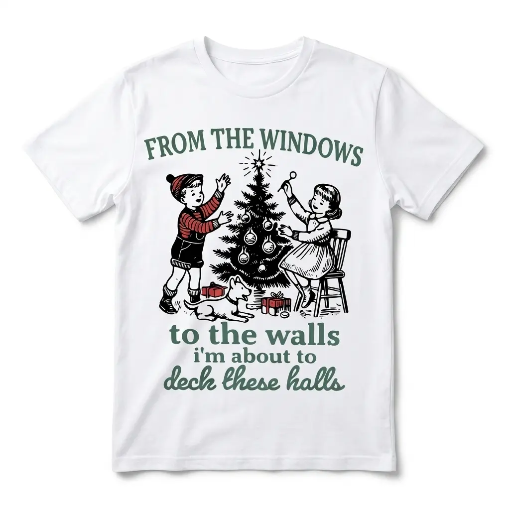 Funny Deck The Halls Retro Christmas T-Shirt 1 Retro Christmas T-shirt with kids decorating a tree and humorous text.