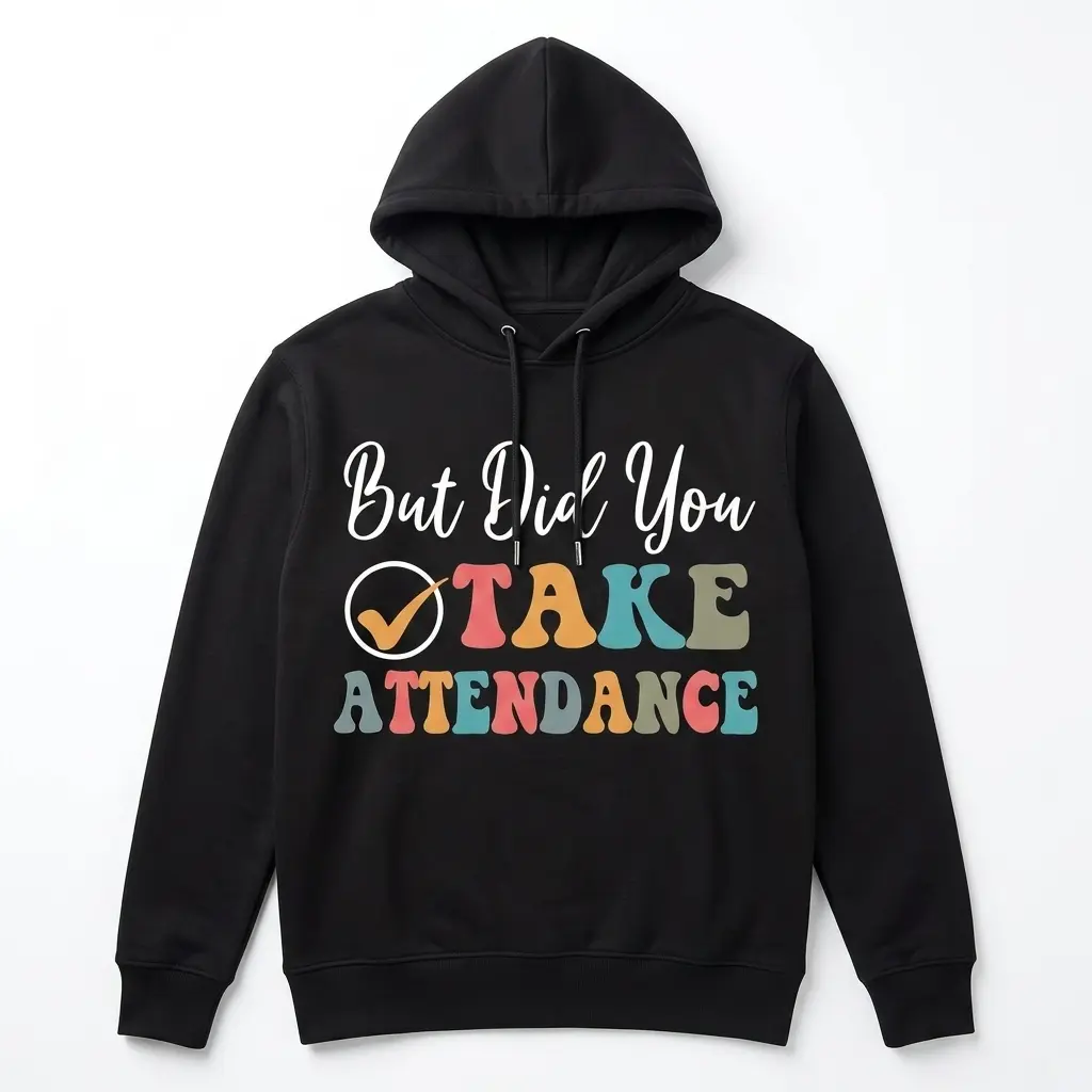 Front view of a black t-shirt, colorful teacher-themed text design.