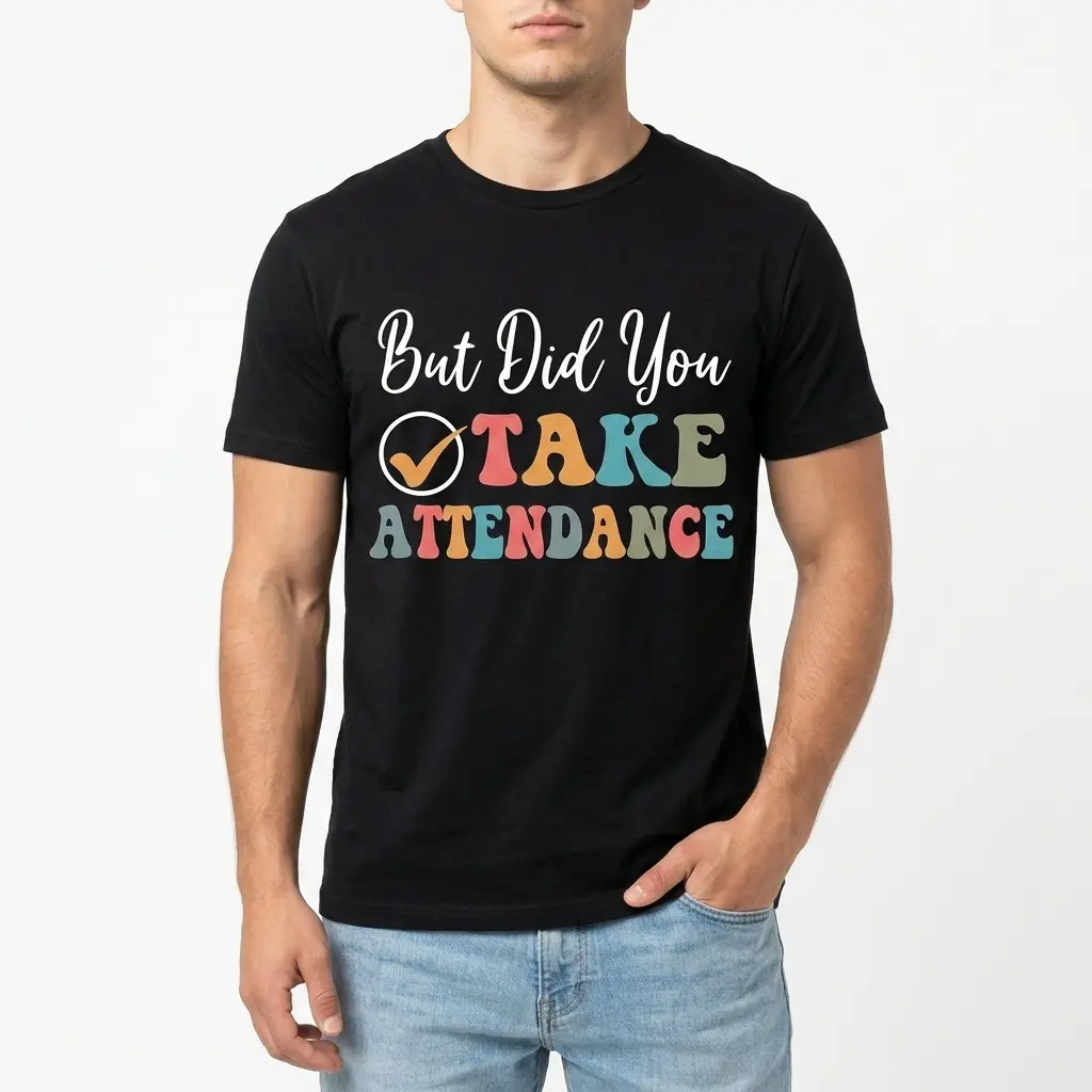 Black shirt showcasing 'But Did You Take Attendance' in mixed colors.