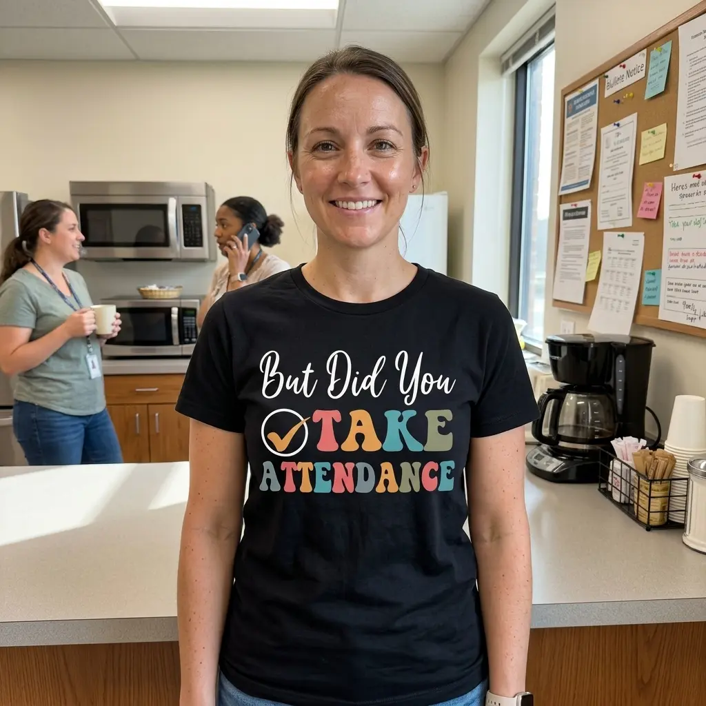 Person wearing a black shirt with a humorous attendance-themed design.