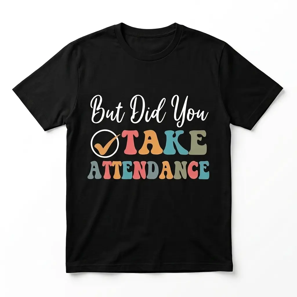 Black t-shirt with 'But Did You Take Attendance' in colorful text.