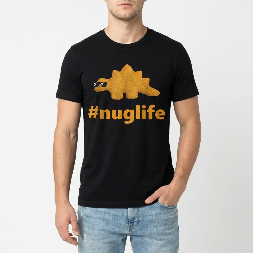 Black tee featuring a dino nugget wearing sunglasses.