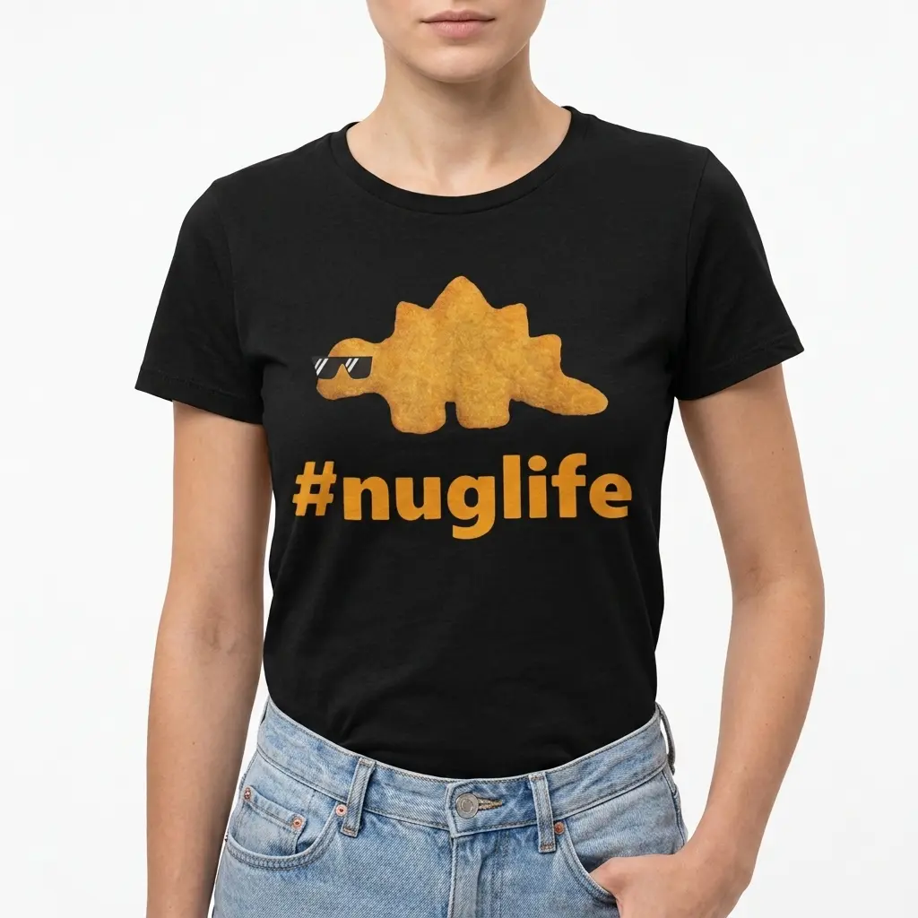 Graphic T-shirt with a humorous dino nugget theme.