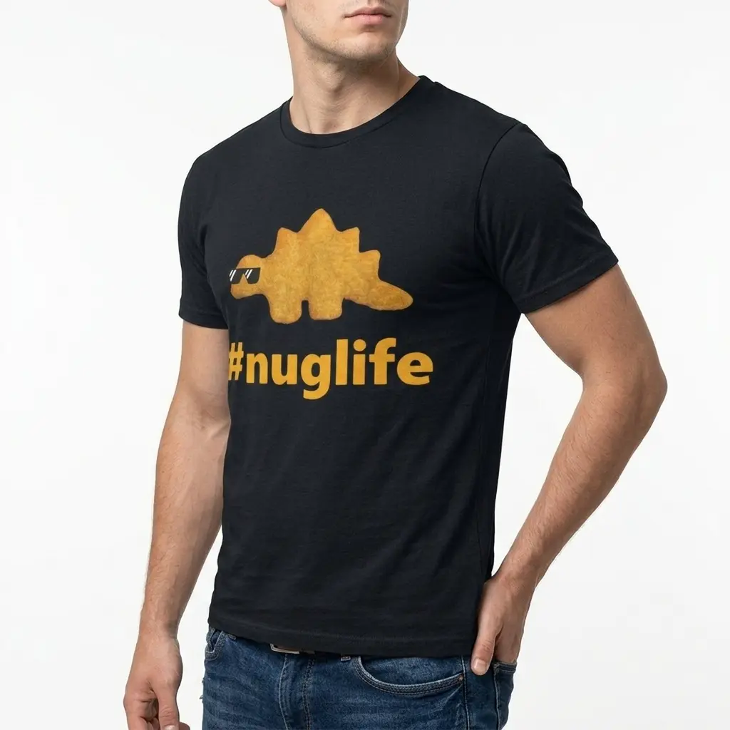 Detailed view of 'Nug Life' text on dino nugget shirt.