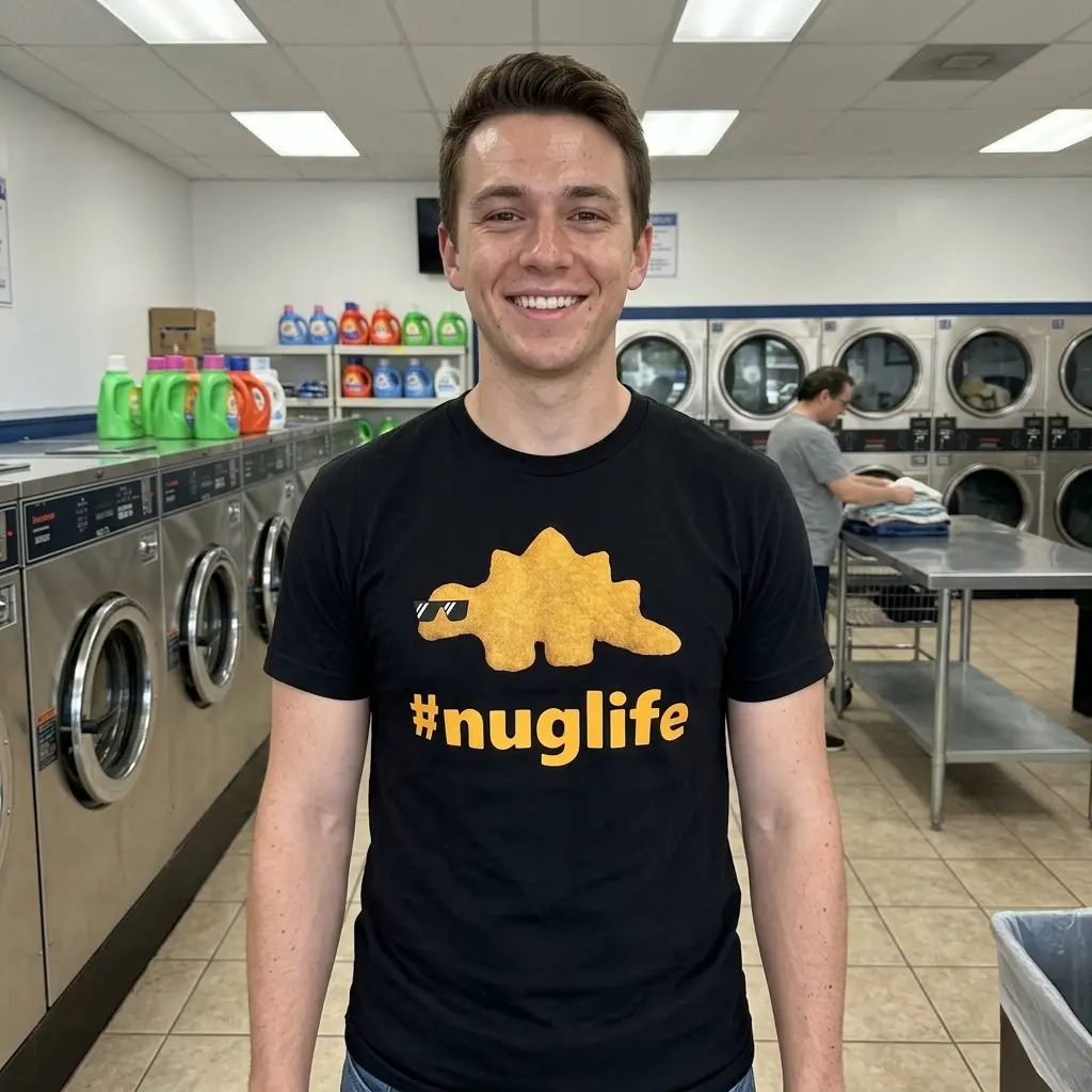 Dino nugget shirt worn in a casual setting.