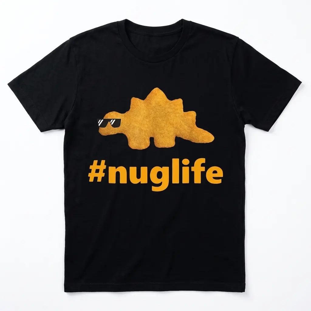 Black T-shirt with a dino nugget graphic and '#nuglife' text.