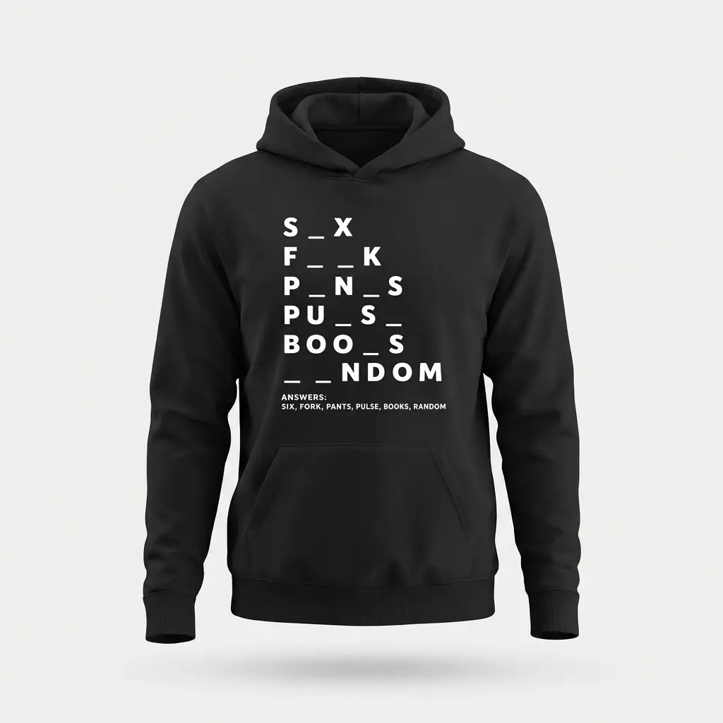 Funny Dirty Mind Test Puzzle Graphic T-Shirt 2 Dirty mind test word puzzle graphic on a white pullover hoodie, flat lay front view displaying the cheeky puzzle print