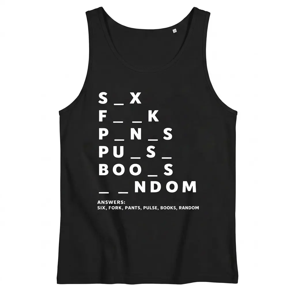 Funny Dirty Mind Test Puzzle Graphic T-Shirt 3 Dirty mind test puzzle graphic on a white tank top, flat lay front view showing the humorous word puzzle design