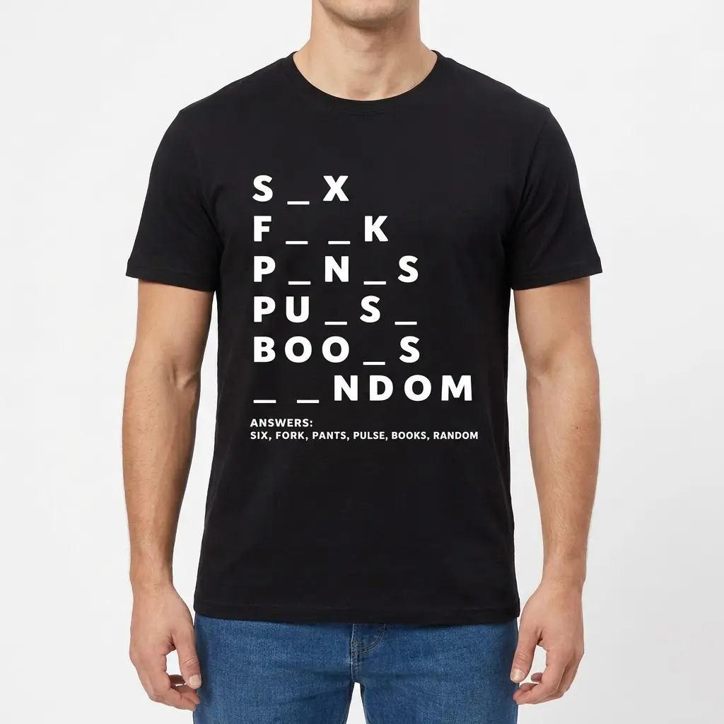 Funny Dirty Mind Test Puzzle Graphic T-Shirt 4 Man wearing a white t-shirt featuring the funny dirty mind test puzzle graphic, front view showing full chest print