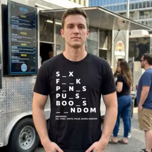 Funny Dirty Mind Test Puzzle Graphic T-Shirt 10 Lifestyle scene featuring the funny dirty mind test puzzle graphic t-shirt worn casually, highlighting the humorous word puzzle design