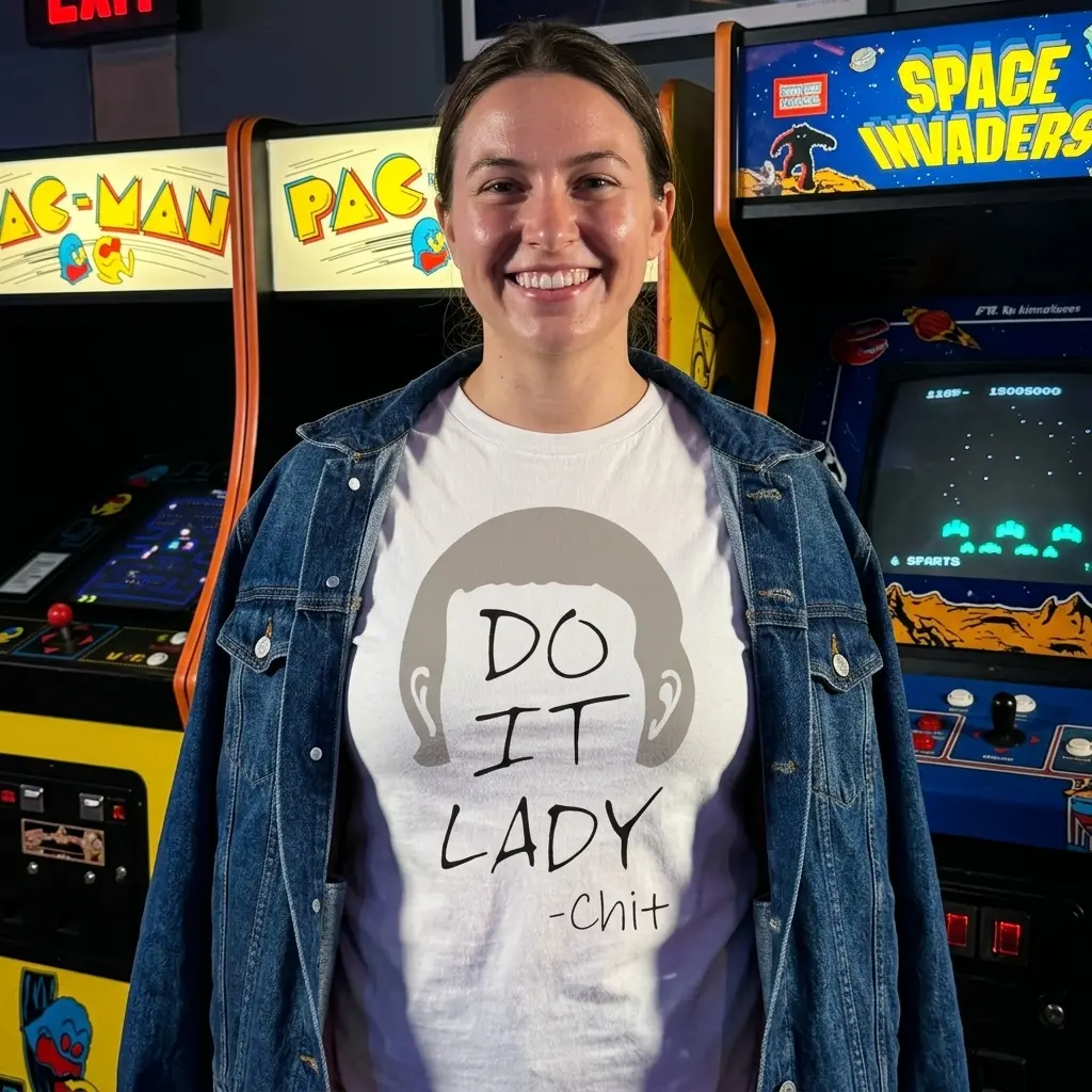 Funny Do It Lady Picard Meme Graphic Tee 6 Person wearing a Picard meme t-shirt with 'Do It Lady' text in a casual setting.
