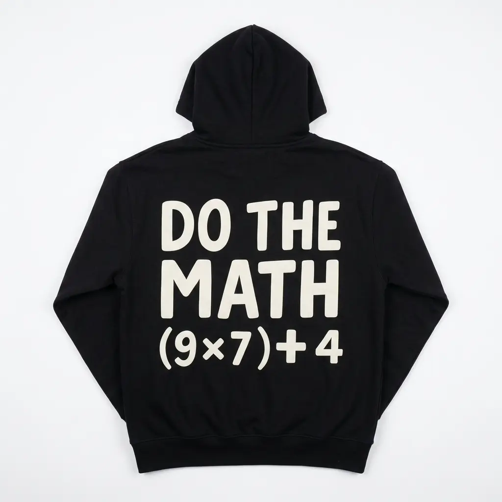 Graphic t-shirt featuring the phrase 'Do The Math (9x7)+4' in white.