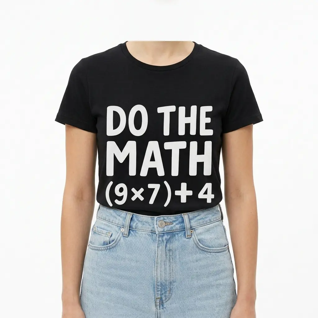 Creative math equation design: 'Do The Math (9x7)+4' on a t-shirt.