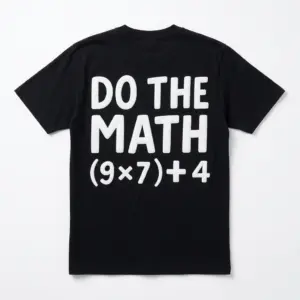Black t-shirt with 'Do The Math (9x7)+4' graphic in bold white text.