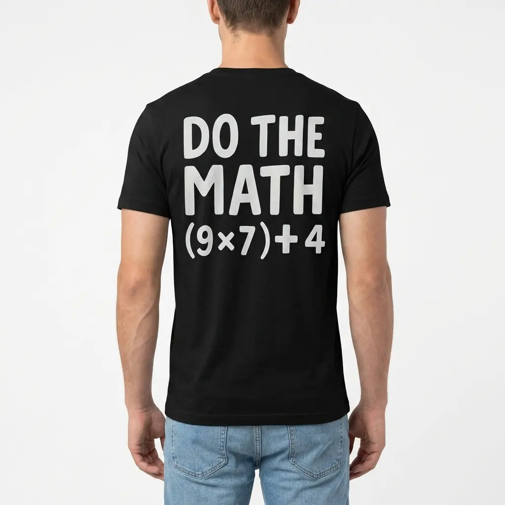 Bold 'Do The Math (9x7)+4' graphic on a black tee.