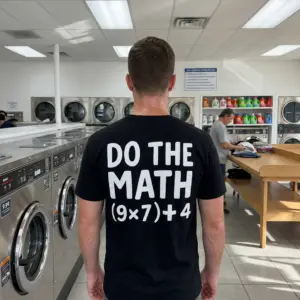Funny Do The Math Equation Graphic T-Shirt 11 Person wearing a 'Do The Math (9x7)+4' graphic t-shirt in a casual setting.