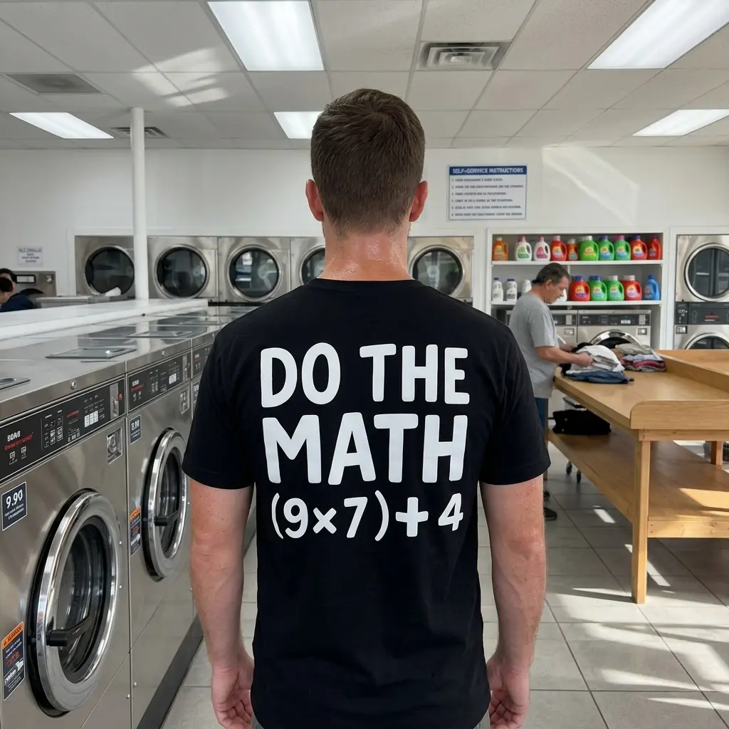 Person wearing a 'Do The Math (9x7)+4' graphic t-shirt in a casual setting.