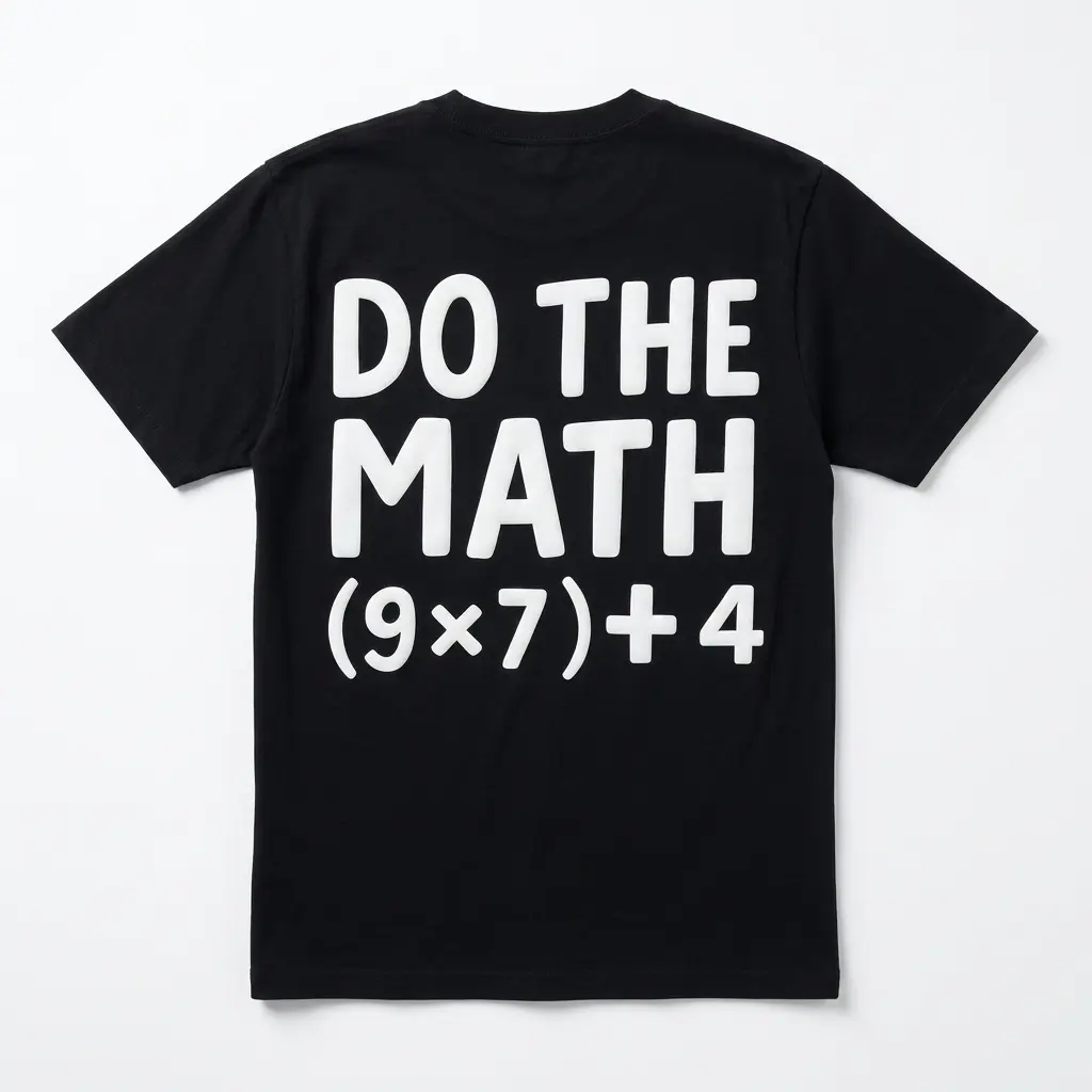 Black t-shirt with 'Do The Math (9x7)+4' graphic in bold white text.