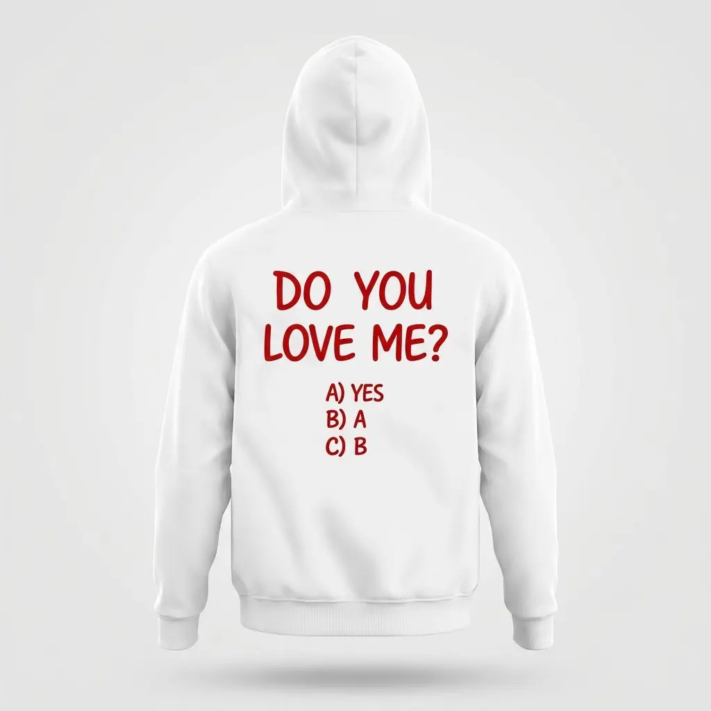 Funny Do You Love Me Multiple Choice T-Shirt 2 Back flat lay of a hoodie with the funny Do You Love Me multiple choice graphic printed in red.