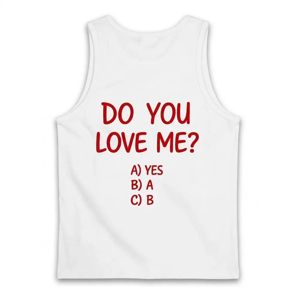 Funny Do You Love Me Multiple Choice T-Shirt 3 Back flat lay of a tank top printed with the playful red Do You Love Me multiple choice relationship design.