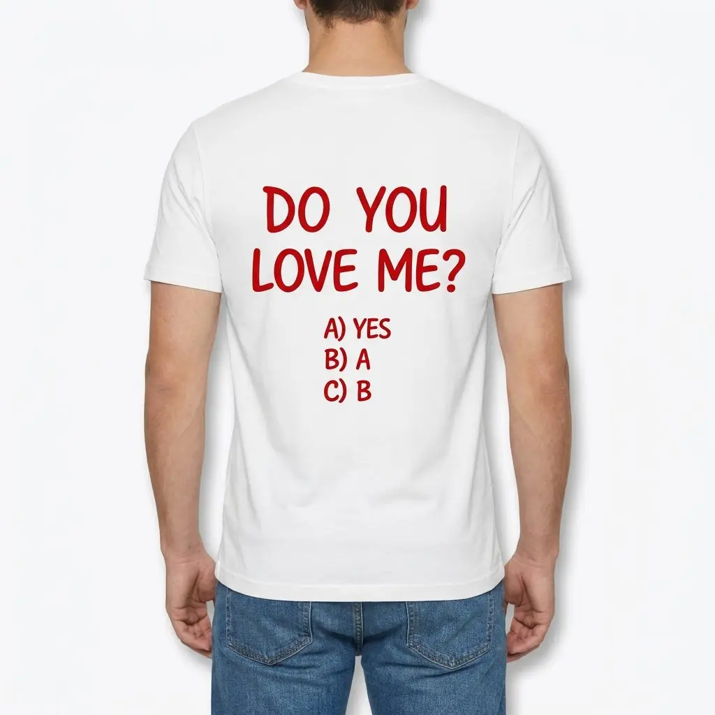 Funny Do You Love Me Multiple Choice T-Shirt 4 Back view of a man wearing the white Do You Love Me multiple choice graphic t-shirt.