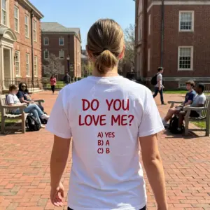 Funny Do You Love Me Multiple Choice T-Shirt 10 Lifestyle view showcasing the back of the funny Do You Love Me question t-shirt in everyday wear.