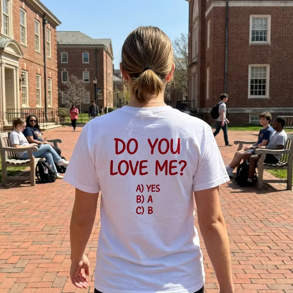 Funny Do You Love Me Multiple Choice T-Shirt 5 Lifestyle view showcasing the back of the funny Do You Love Me question t-shirt in everyday wear.