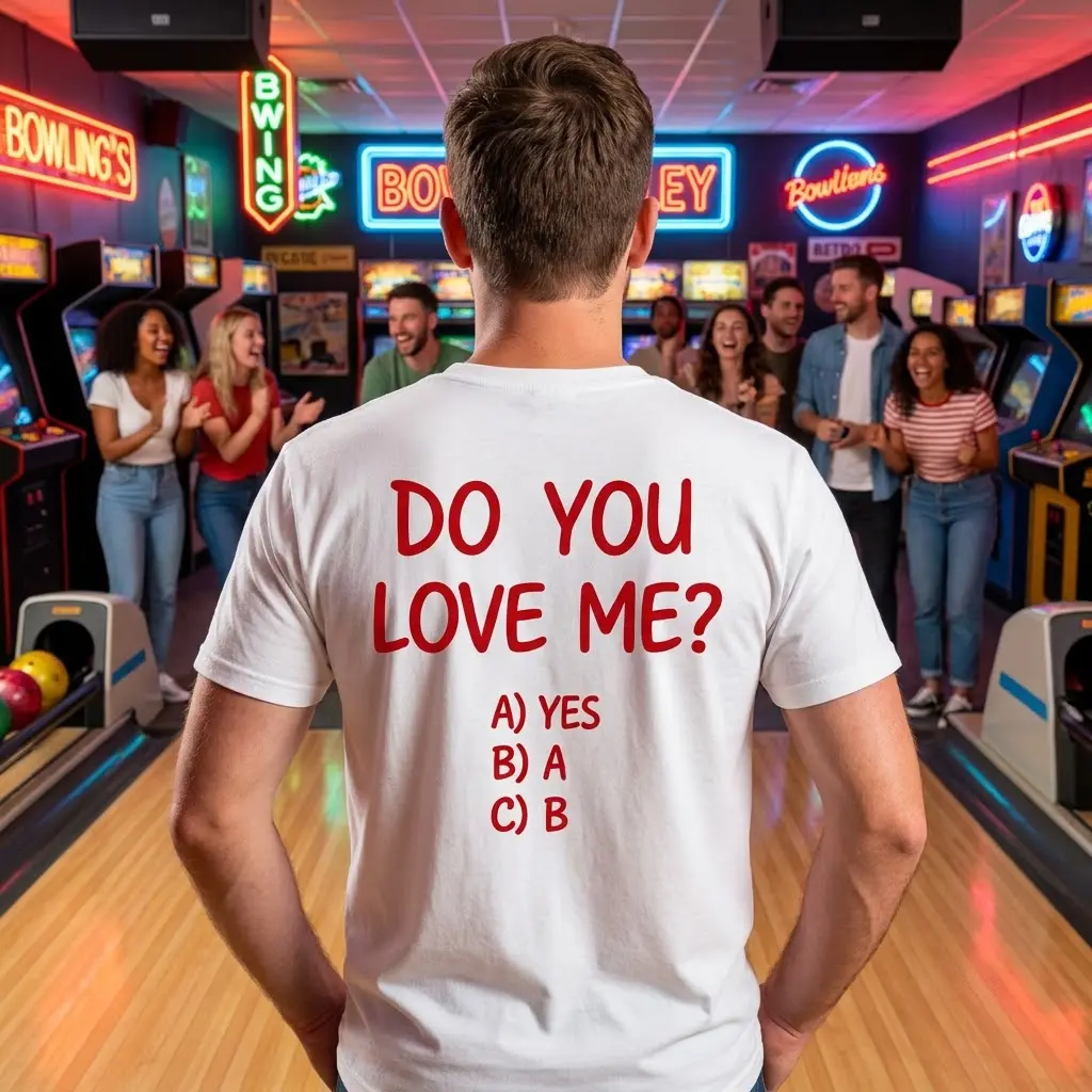 Funny Do You Love Me Multiple Choice T-Shirt 6 Lifestyle shot featuring the playful Do You Love Me graphic apparel worn casually outdoors.
