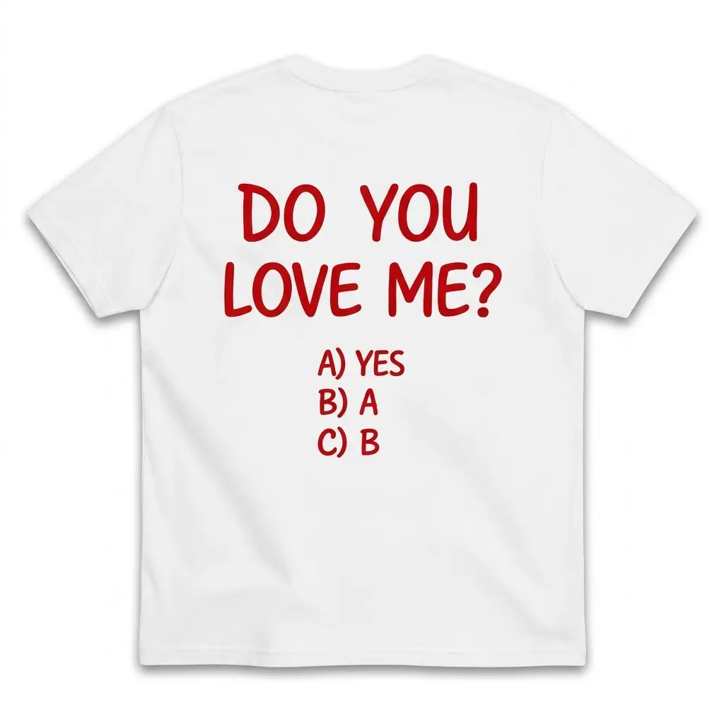 Funny Do You Love Me Multiple Choice T-Shirt 1 Back flat lay of a white t-shirt featuring red text reading Do You Love Me with humorous multiple choice options A Yes, B A, and C B.