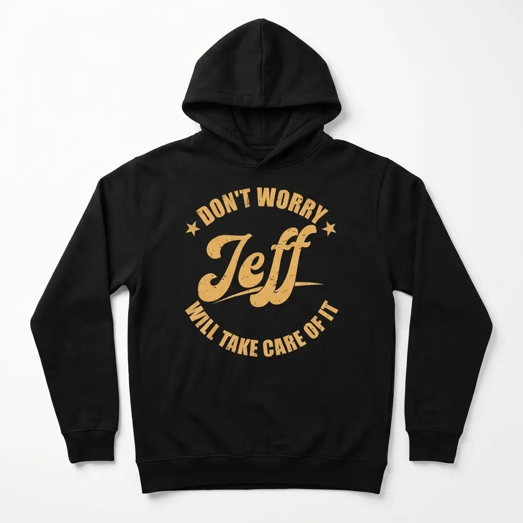Funny Don't Worry Jeff Will Take Care Of It T-Shirt 2 Front view of a humor shirt reading 'Don't Worry Jeff Will Take Care Of It' in orange.