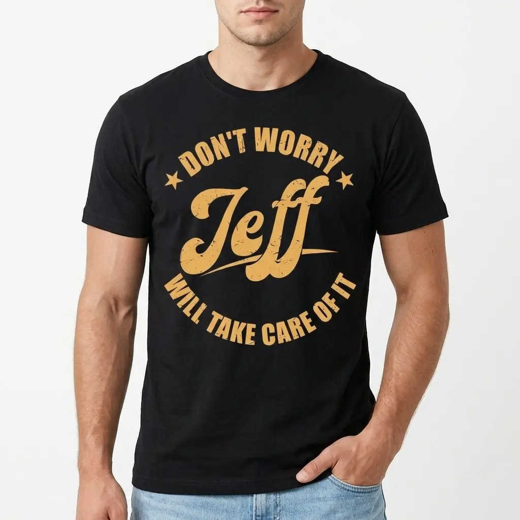 Funny Don't Worry Jeff Will Take Care Of It T-Shirt 3 Close-up of 'Jeff' text in orange on black shirt design.