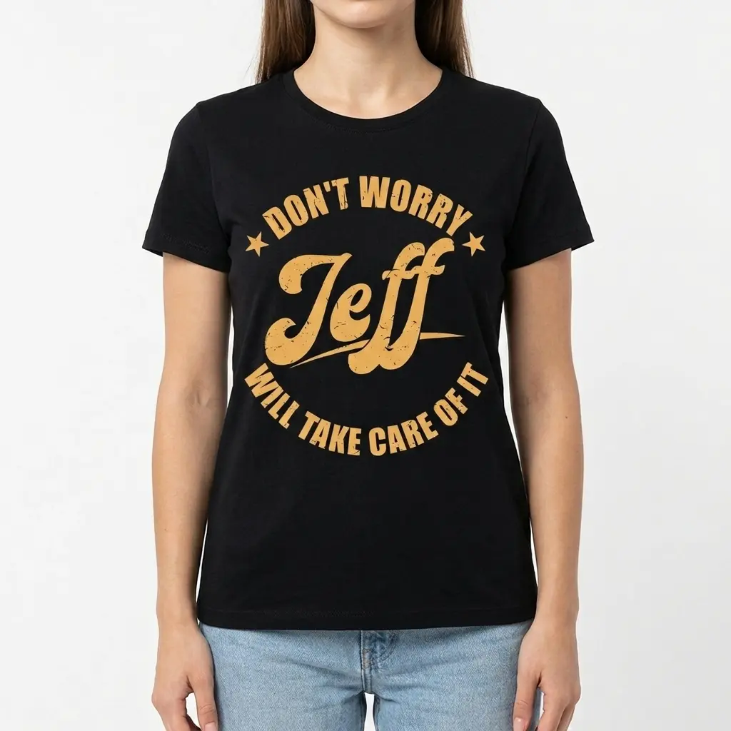 Funny Don't Worry Jeff Will Take Care Of It T-Shirt 4 Angled view of 'Don't Worry Jeff Will Take Care Of It' shirt.