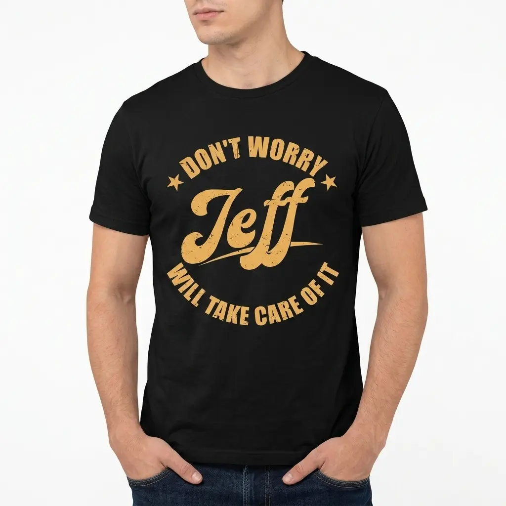 Funny Don't Worry Jeff Will Take Care Of It T-Shirt 5 Detailed view of distressed orange text on black meme T-shirt.