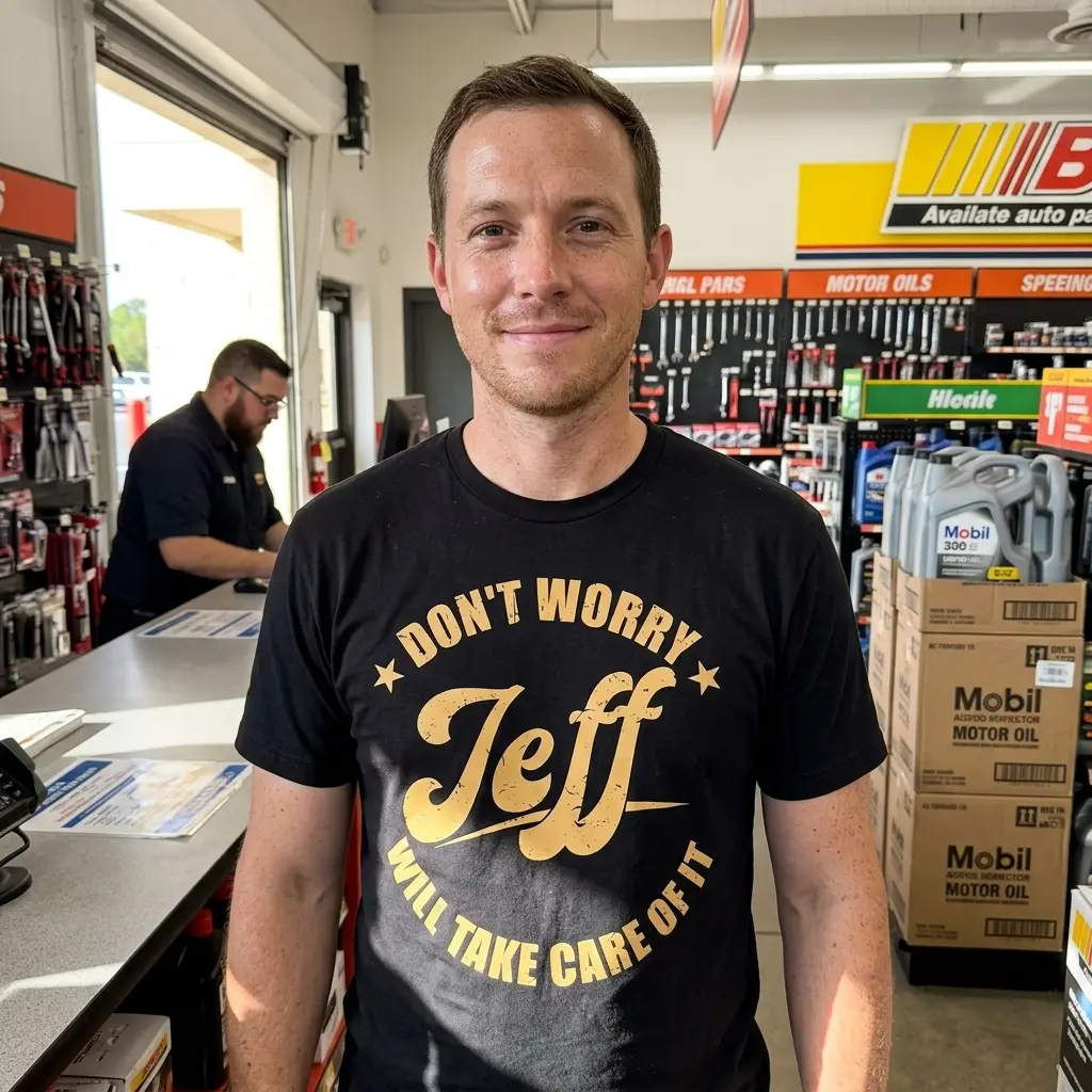 Funny Don't Worry Jeff Will Take Care Of It T-Shirt 6 Person wearing 'Don't Worry Jeff Will Take Care Of It' shirt in everyday setting.