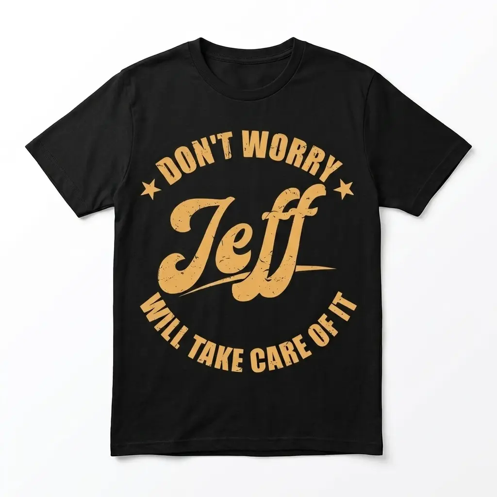 Funny Don't Worry Jeff Will Take Care Of It T-Shirt 1 Black shirt with 'Don't Worry Jeff Will Take Care Of It' in orange distress style.