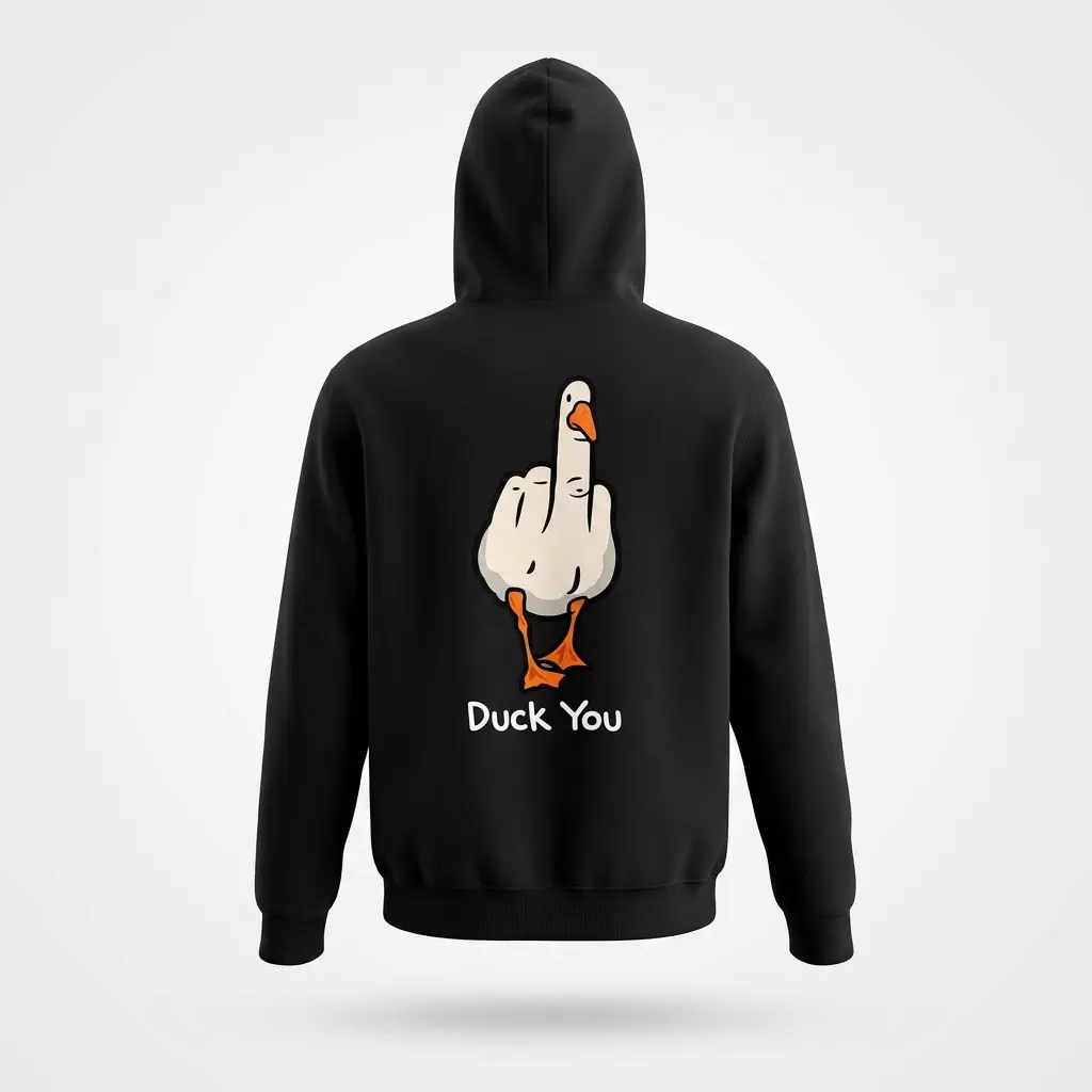 Back view flat lay of a hoodie printed with a humorous middle finger duck illustration and Duck You caption.