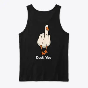 Funny Duck You Middle Finger Meme T-Shirt 8 Back flat lay of a sleeveless tank top displaying the funny Duck You middle finger meme graphic.