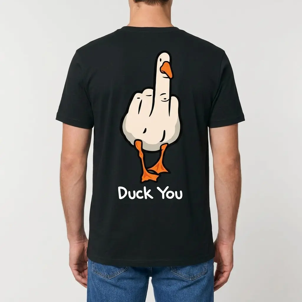 Rear view of a man wearing the black Duck You graphic t-shirt featuring a duck shaped as a middle finger.