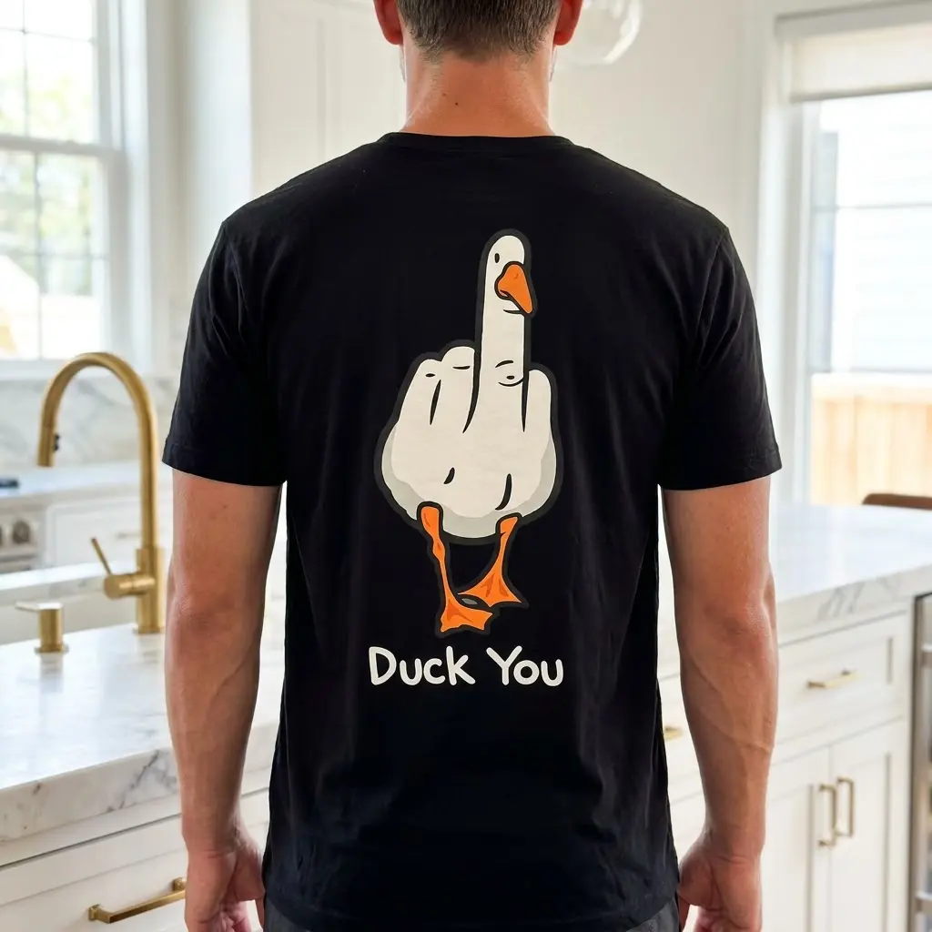 Lifestyle shot featuring the sarcastic Duck You middle finger duck graphic apparel.