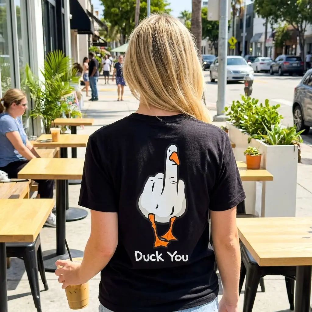 Casual lifestyle scene displaying the funny Duck You meme design on apparel.