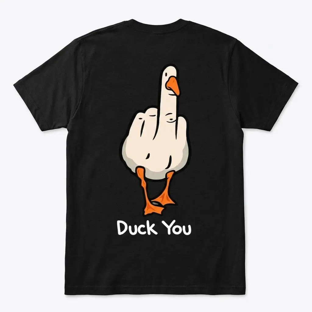 Back flat lay of a black t-shirt featuring a duck shaped like a middle finger with the text Duck You.