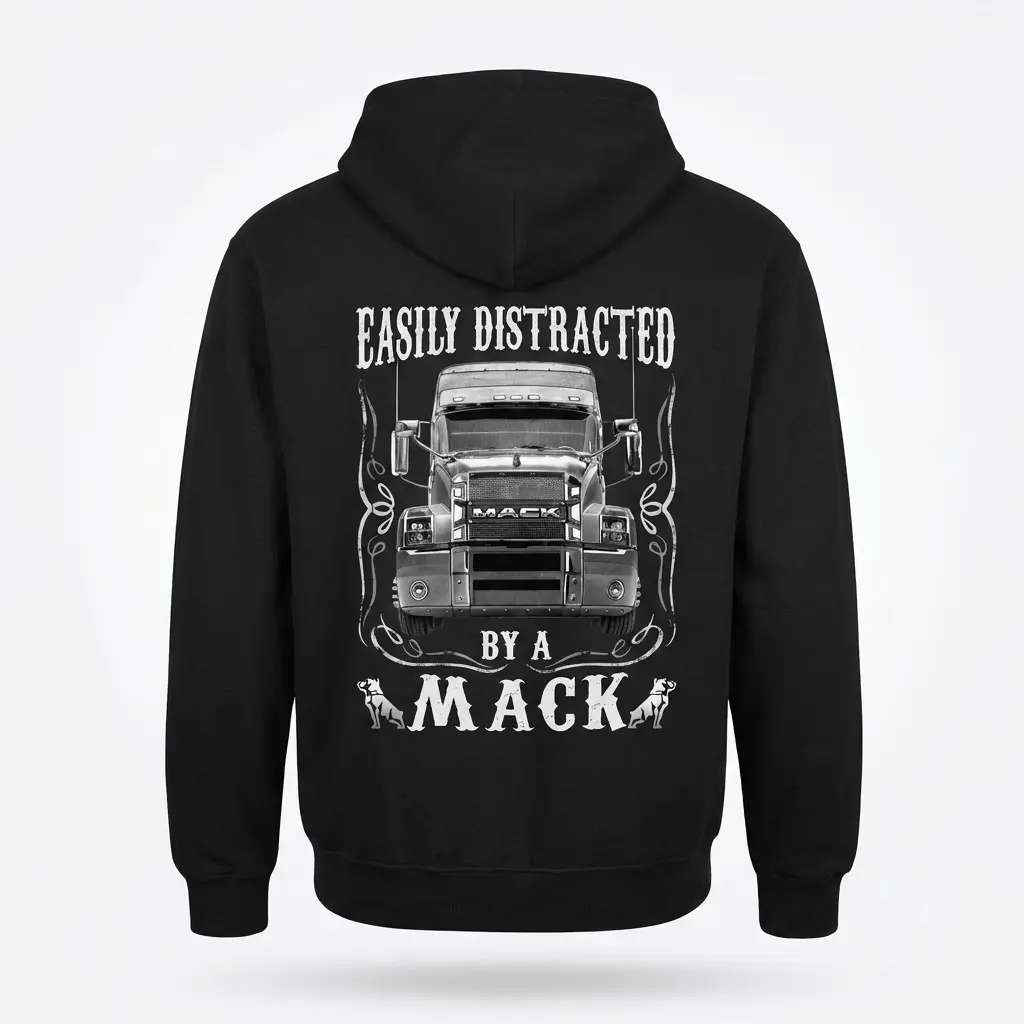 Funny Easily Distracted By A Mack Truck T-Shirt 2 Black hoodie displaying the 'Easily Distracted By A Mack' design on the back, showing a front view of a Mack truck.
