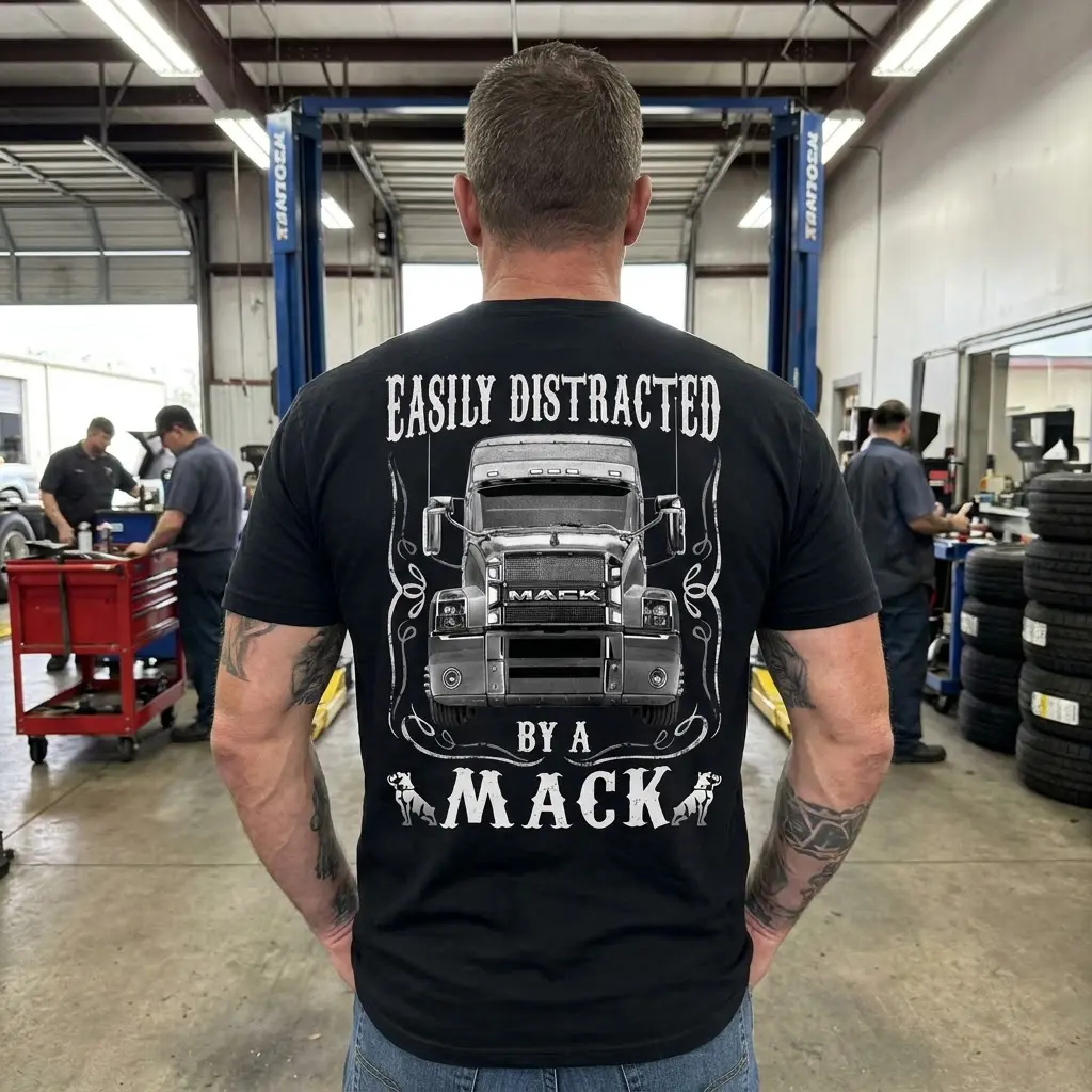 Funny Easily Distracted By A Mack Truck T-Shirt 6 Closeup of the 'Easily Distracted By A Mack' design, highlighting the prominent Mack truck illustration and text on a black background.