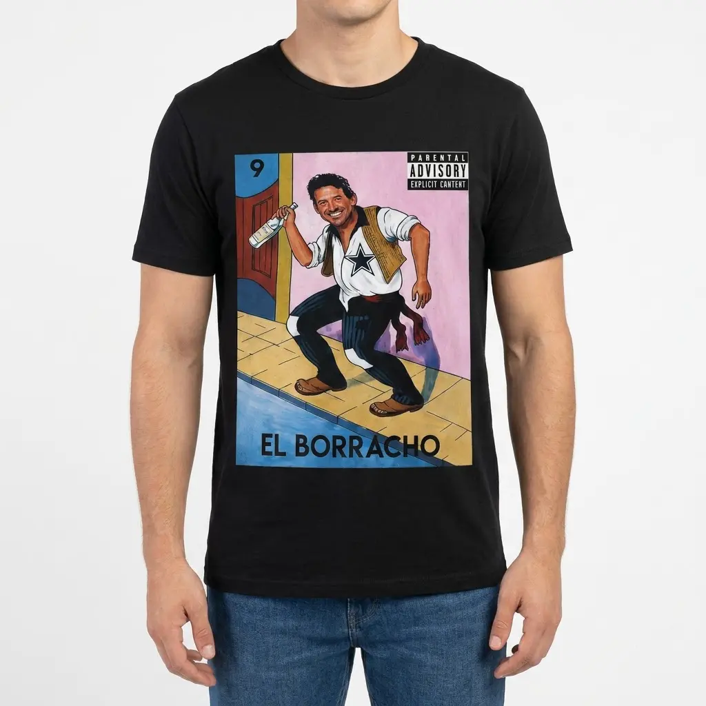 Funny El Borracho Party T-Shirt 4 Man wearing El Borracho T-shirt, front view.