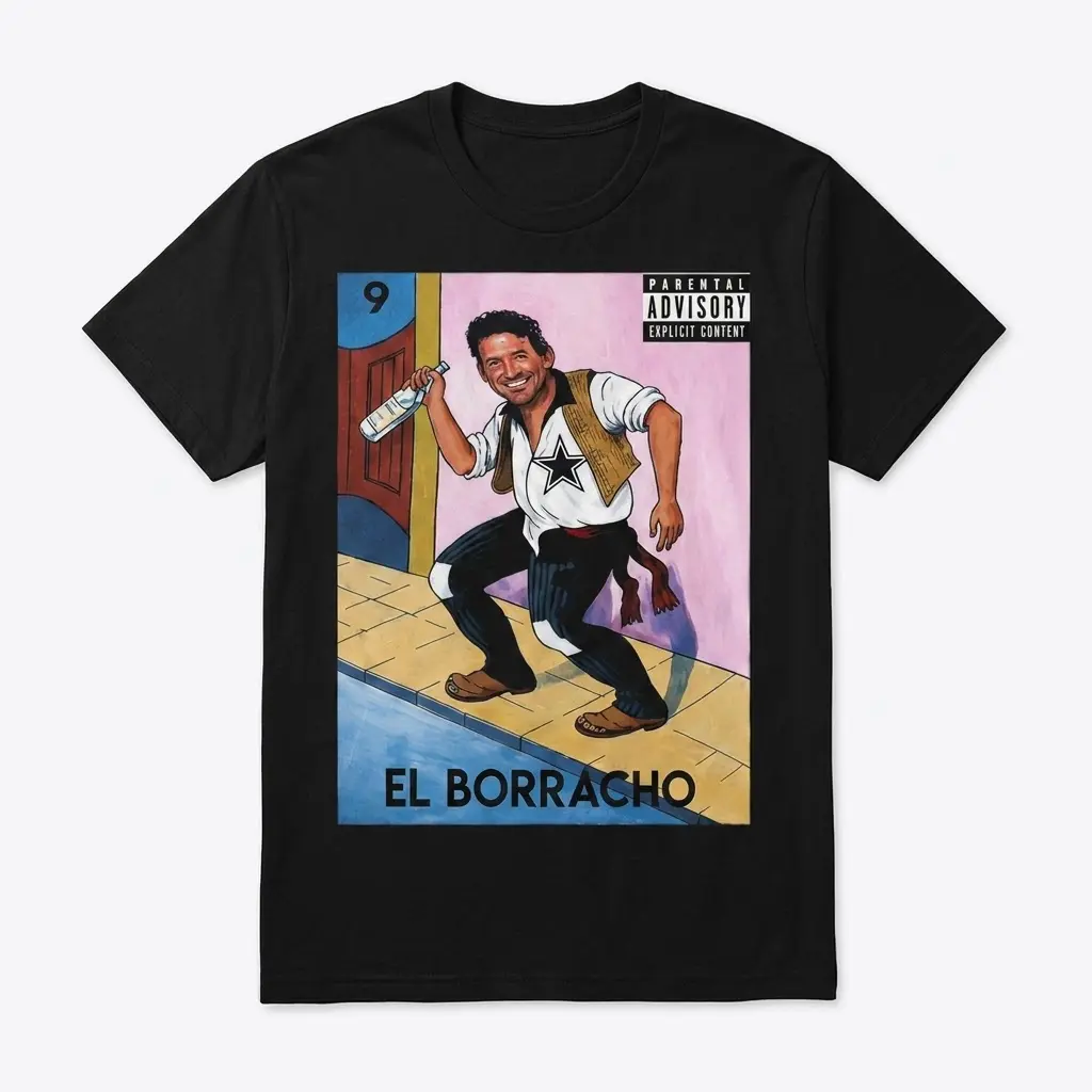 Funny El Borracho Party T-Shirt 1 El Borracho T-shirt front flatlay with party-ready graphic.